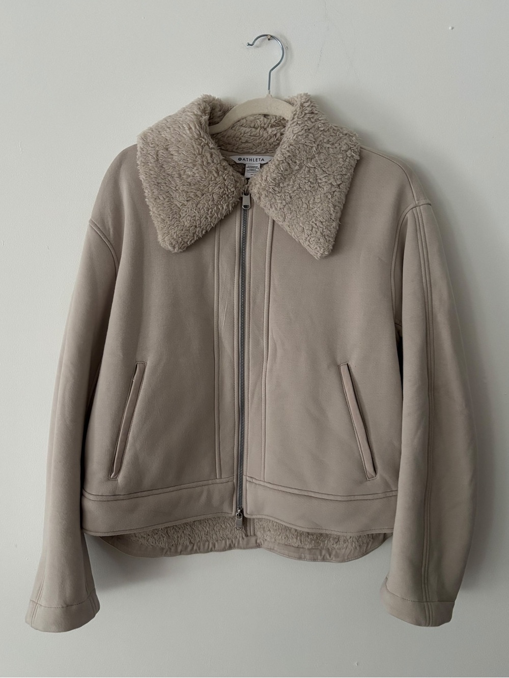 Athleta Womens M Sherpa Lined Cropped Jacket Beige Faux Shearling Collar Zip